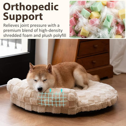 Orthopedic Dog Bed for Medium Small Dogs and Cats Calming Pillow Pet Couch Sofa Puppy Bed with Removable Washable Cover Oval 3D Checkered Plush Pet Furniture 30x25x7 Indoor Beige