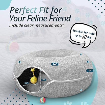 MEOWMATES Peekaboo Cat Tunnel Bed with Hanging Ball Toy – Large Cat Tunnels for Indoor Cats up to 30lbs – Round Cat's cave Bed with Scratch-Resistant, Easy to Wash & Cozy Design (24x24x11)