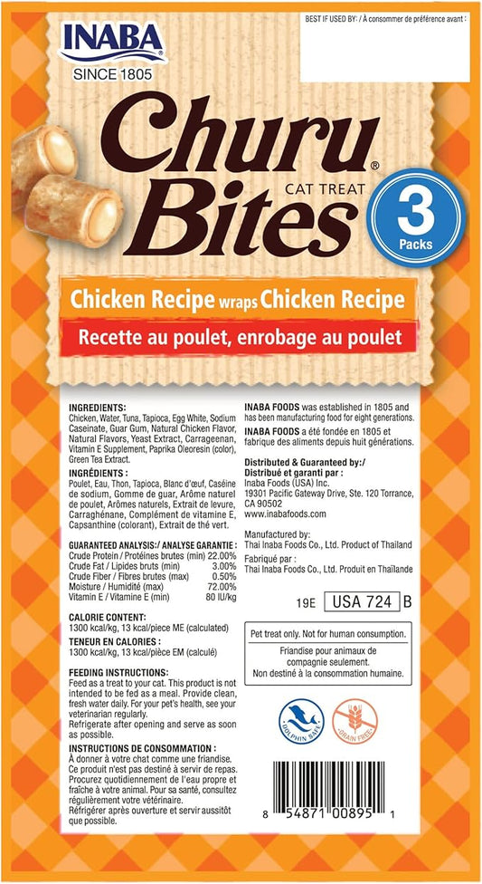 INABA Churu Bites for Cats, Soft Baked Chicken Churu Filled Cat Treats with Green Tea Extract, 0.35 Ounces Each Tube, 9 Tubes Total, Chicken Recipe