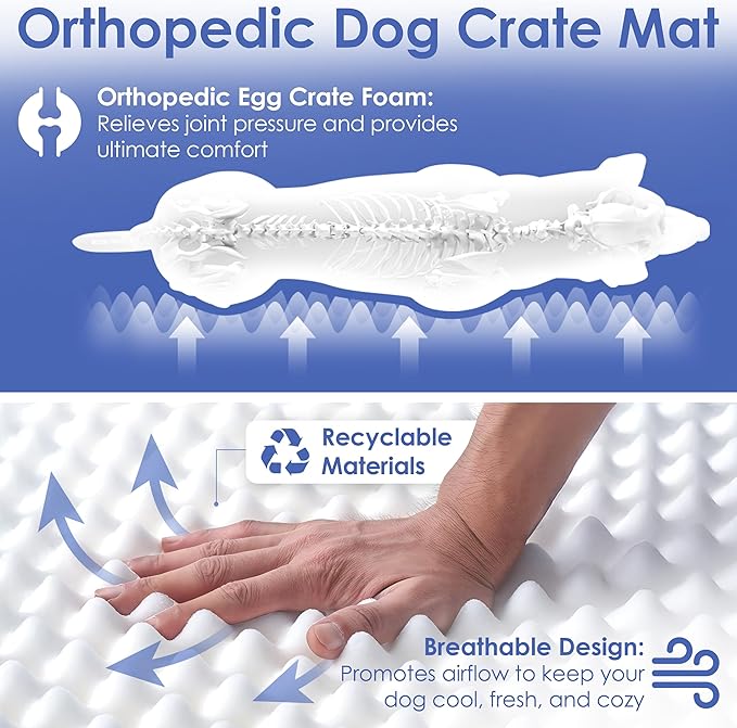 American Kennel Club Orthopedic Memory Foam Dog Crate Mat, Egg Crate Foam Cushion, Washable Cover, Non-Slip Base, Eases Joint Pain, Breathable, Durable, 36x23, Gray