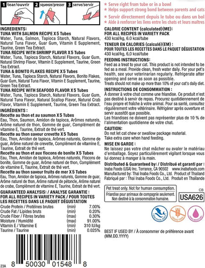 INABA Churu Cat Treats, Lickable, Squeezable Creamy Purée Cat Treat with Green Tea Extract & Taurine, 0.5 Ounces Each Tube, 20 Tubes, Seafood Variety Box