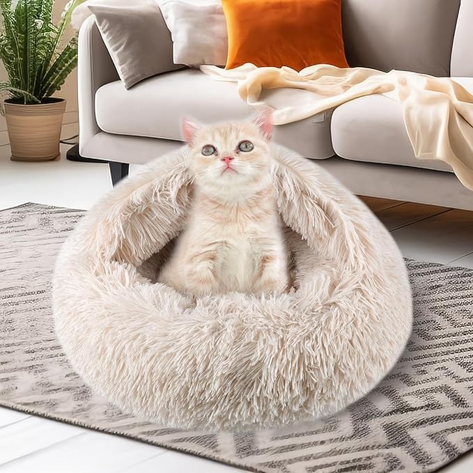 FORMYCATIE Cat Beds for Indoor Cats,Cat Cave for Puppy and Kitty,Calming Small Dog Bed for Small Dogs with Cover Cave,Cozy Warming Fluffy Washable Anti-Slip Pet Sleeping Bag(20 * 20inch,Beige)