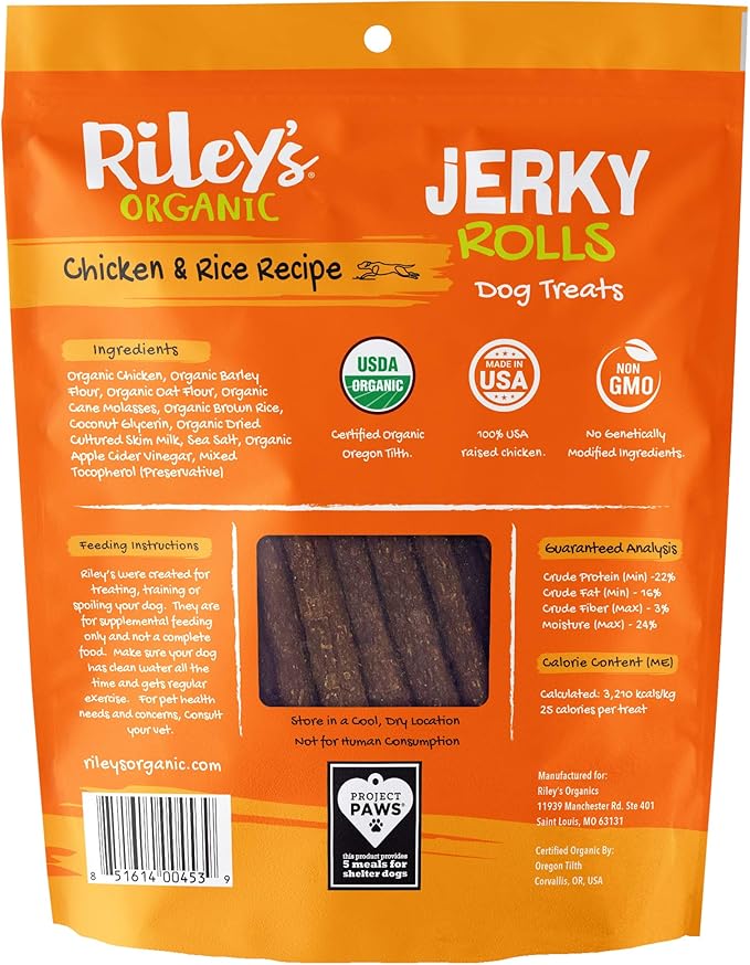 Organic Dog Jerky Treats - Chicken & Rice Dog Training Treats - Soft Jerky Rolls for Dogs - 5 oz, 142g, High Protein, Large Breed, All Life Stages