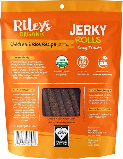Organic Dog Jerky Treats - Chicken & Rice Dog Training Treats - Soft Jerky Rolls for Dogs - 5 oz, 142g, High Protein, Large Breed, All Life Stages