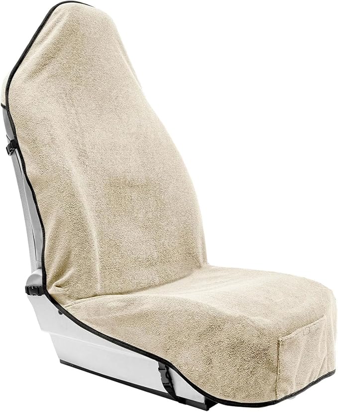 Season Guard Waterproof Towel Seat Cover with Non Slip Grip - Washable Carseat Protector Great for Gym Workout - Universal Terry Cloth Seat Cushion with Pocket Fit for Car SUV Van Truck 1pcs Beige