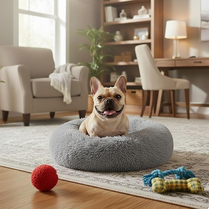 Soft Round Dog & Cat Bed, Anti-Anxiety Donut Cuddler with Anti-Slip Bottom Cozy Fluffy Pet Bed for Medium Large Dogs and Cats, 37inch, Grey