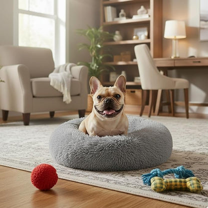Soft Round Dog & Cat Bed, Anti-Anxiety Donut Cuddler with Anti-Slip Bottom Cozy Fluffy Pet Bed for Medium Large Dogs and Cats, 37inch, Grey