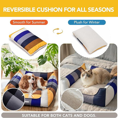PETNOVO Dog Bed Small Dogs – Removable Washable Cover, Reversible Fleece Cushion, Non-Slip Bottom, Colorful Rainbow Pattern, Gift Box, 25.6 × 17.7 × 7.1 in