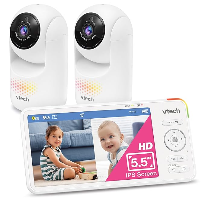 VTech Advanced HD Twin Baby Monitor – 2 Cameras, 5.5" IPS Screen, Pan-Tilt-Zoom, No WiFi, Night Vision, 2-Way Talk, Lullabies, Soothing Sounds