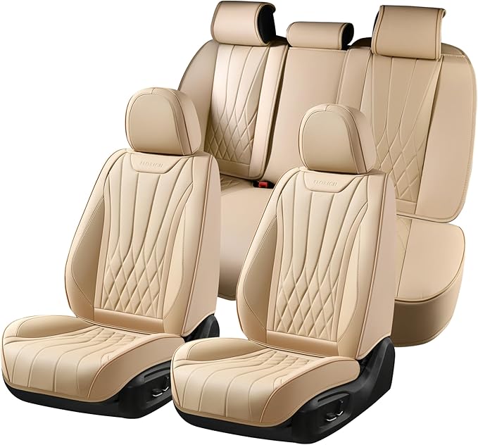 FLORICH Universal Seat Covers Full Set, 5 Seats Leather Seat Covers for Cars, Waterproof & Breathable Nappa Leather Car Seat Protector Fit for Most Cars - Beige