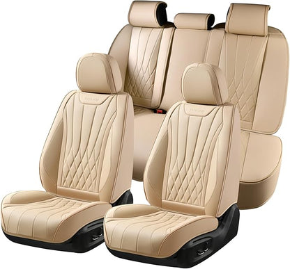 FLORICH Universal Seat Covers Full Set, 5 Seats Leather Seat Covers for Cars, Waterproof & Breathable Nappa Leather Car Seat Protector Fit for Most Cars - Beige