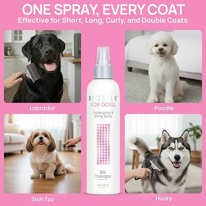BioSilk for Dogs Detangling Spray with Shine Support, Lightweight Leave in Grooming Mist That Helps Smooth Coats, Detangle, and Add Shine Without Buildup, 8 Fl Oz - 2 Pack