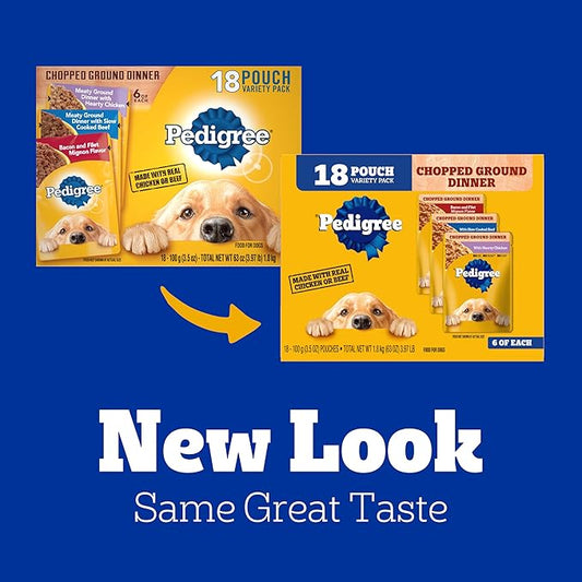 Pedigree Chopped Ground Dinner Wet Dog Food Pouches Variety Pack, 3.5 oz Pouches, 30 Count