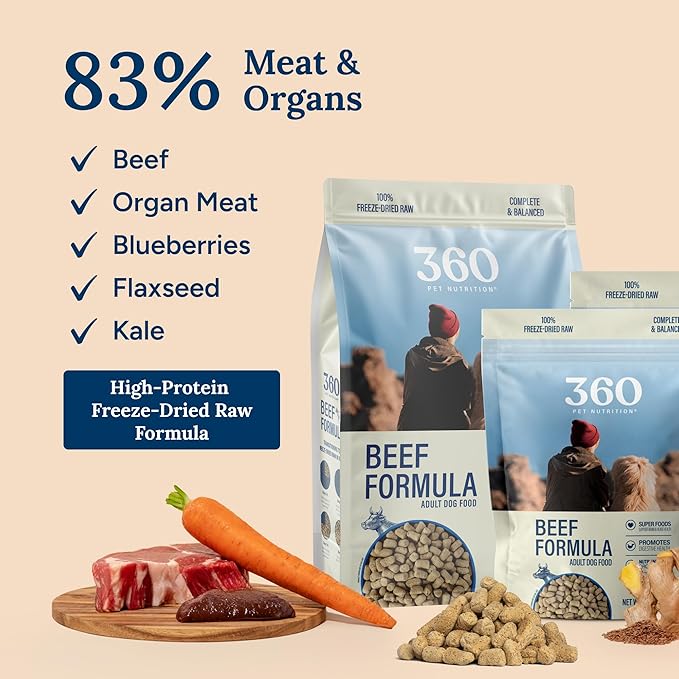 360 Pet Nutrition Freeze-Dried Raw Dog Food – Beef Recipe with Liver & Organs, High Protein with Omega-3s, Fruits, Veggies & Superfoods, Grain-Free, No Fillers, 5 oz – Made in USA