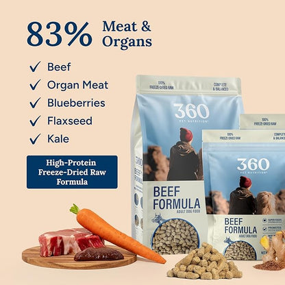 360 Pet Nutrition Freeze-Dried Raw Dog Food – Beef Recipe with Liver & Organs, High Protein with Omega-3s, Fruits, Veggies & Superfoods, Grain-Free, No Fillers, 5 oz – Made in USA