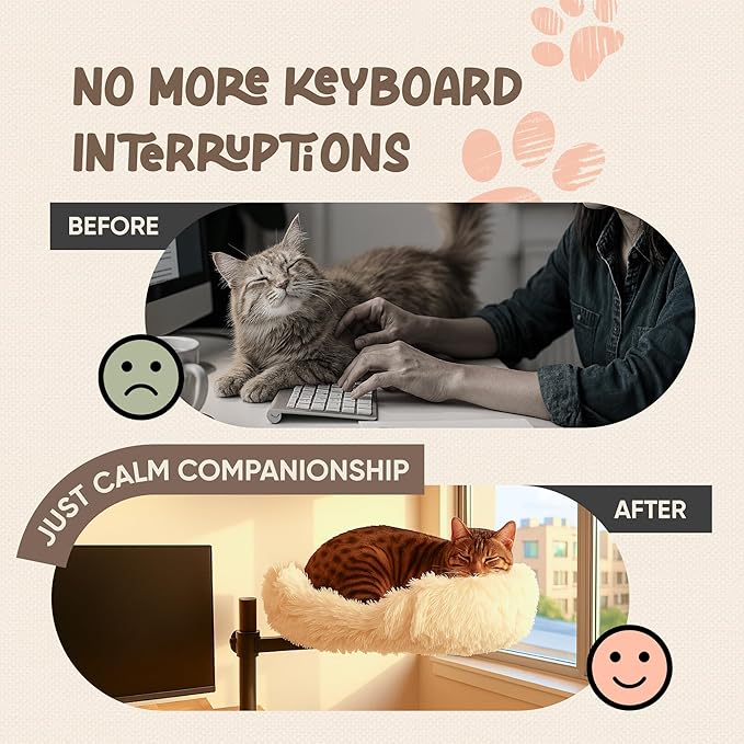 Cat Desk Bed with 360° Rotation & Height Adjustment, 60LB Capacity – Ultra-Plush Desk Mounted Perch Attachment, Table Cat Bed for Computer Desk, Washable Fluffy Hammock