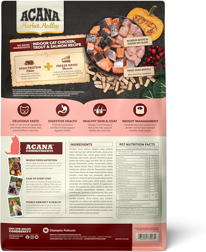 ACANA Market Medley Indoor Cat Adult Cat Food, Chicken, Trout & Salmon Recipe with Freeze-Dried Morsels Made with Chicken & Cranberry, Complete and Balanced Nutrition, 3.5 lb Bag