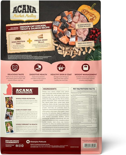 ACANA Market Medley Indoor Cat Adult Cat Food, Chicken, Trout & Salmon Recipe with Freeze-Dried Morsels Made with Chicken & Cranberry, Complete and Balanced Nutrition, 3.5 lb Bag