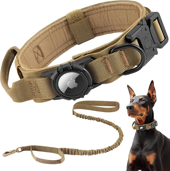 Tactical AirTag Dog Collar Leash Set - Heavy Duty, Adjustable GPS Collar | Compatible with Apple AirTag, with Holder & Control Handle for Medium/Large Dogs [ Brown, M ]