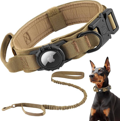 Tactical AirTag Dog Collar Leash Set - Heavy Duty, Adjustable GPS Collar | Compatible with Apple AirTag, with Holder & Control Handle for Medium/Large Dogs [ Brown, M ]