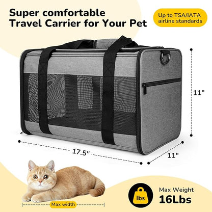Hipubby Cat Carrier Dog Carrier for Pets Up to 16 Lbs, Soft-Sided Pet Travel Carrier for Cats and Small Dogs, Airline Approved Pet Carrying Case with Shoulder Strap & Removable Mat - Grey