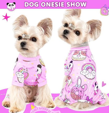 Summer Dog Pajamas Cute Donut Print Dog Onesie Dog Clothes for Small Dogs Soft and Lightweight Chihuahua Clothes Elastic Puppy Jumpsuit(Purple, X-Small)