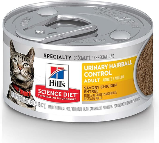 Hill's Science Diet Adult Urinary & Hairball Control Wet Cat Food, Chicken Minced, 2.9 oz. Cans, 12-Pack
