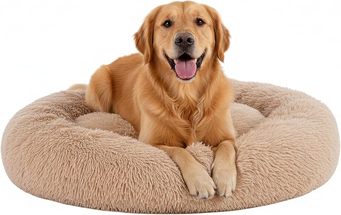 Soft Round Dog & Cat Bed, Anti-Anxiety Donut Cuddler with Anti-Slip Bottom Cozy Fluffy Pet Bed for Medium Large Dogs and Cats, 37inch, Brown