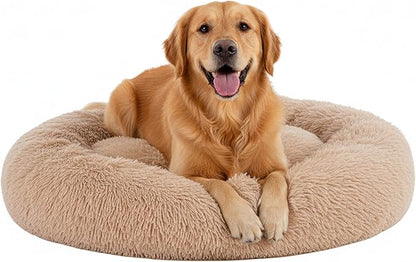 Soft Round Dog & Cat Bed, Anti-Anxiety Donut Cuddler with Anti-Slip Bottom Cozy Fluffy Pet Bed for Medium Large Dogs and Cats, 37inch, Brown