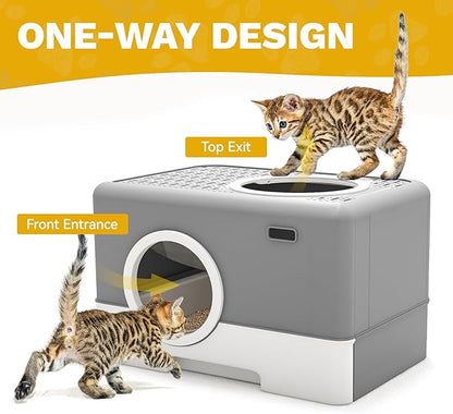 DWVO Enclosed Cat Litter Box with Two-Way Entry/Exit, Large Hooded Anti-Splash Cat Toilet with Lid, Hidden Litter Scoop - Gray