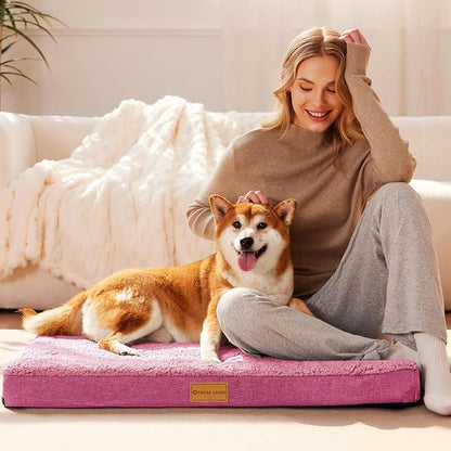 Patas Lague Orthopedic Jumbo Dog Bed for Large Sized Dog 56''X40'', Soft Waterproof Egg Crate Foam Large Pet Crate Beds Mat with Removable Washable Cover and Non-Slip Bottom, Hot Pink