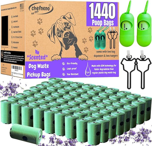 Doggy Poop Bags Biodegradable with Dispenser (1440 Bags) Eco-friendly Dog Waste Pickup Bags Landfill-friendly Refill Rolls Cat Waste Bags (Green, 72 Rolls, Lavender Scented)