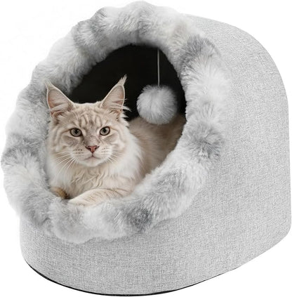 Avont Cat Bed Cave for Indoor Cats, Semi-Enclosed Cat House with Anti-Slip Bottom & Removable Washable Cushion, Warm Plush Cat Tent for Medium Cats & Small Dogs -L