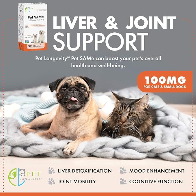 Same 100 mg Pet Supplements – Liver and Joint Support for Cats, Small Dogs with Elevated Enzymes – S Adenosyl Methionine - 50 Gluten Free Enteric Coated Tablets – Non GMO Certified