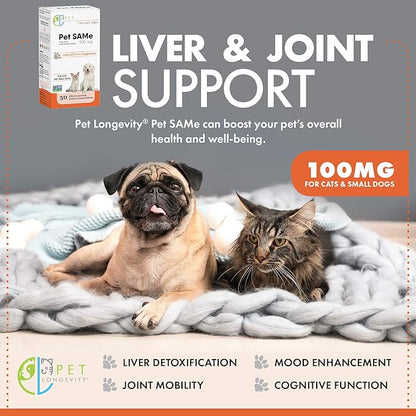Same 100 mg Pet Supplements – Liver and Joint Support for Cats, Small Dogs with Elevated Enzymes – S Adenosyl Methionine - 50 Gluten Free Enteric Coated Tablets – Non GMO Certified