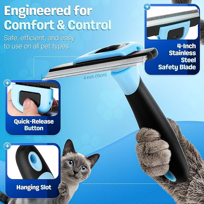Flexzion Deshedding Dog Brush for Short Haired Dogs & Cats - Stainless Steel Dog Brush for Shedding Short Hair Pets Small, Medium, & Large - Professional Pet Grooming Comb Tool w/Safety Blade, Blue