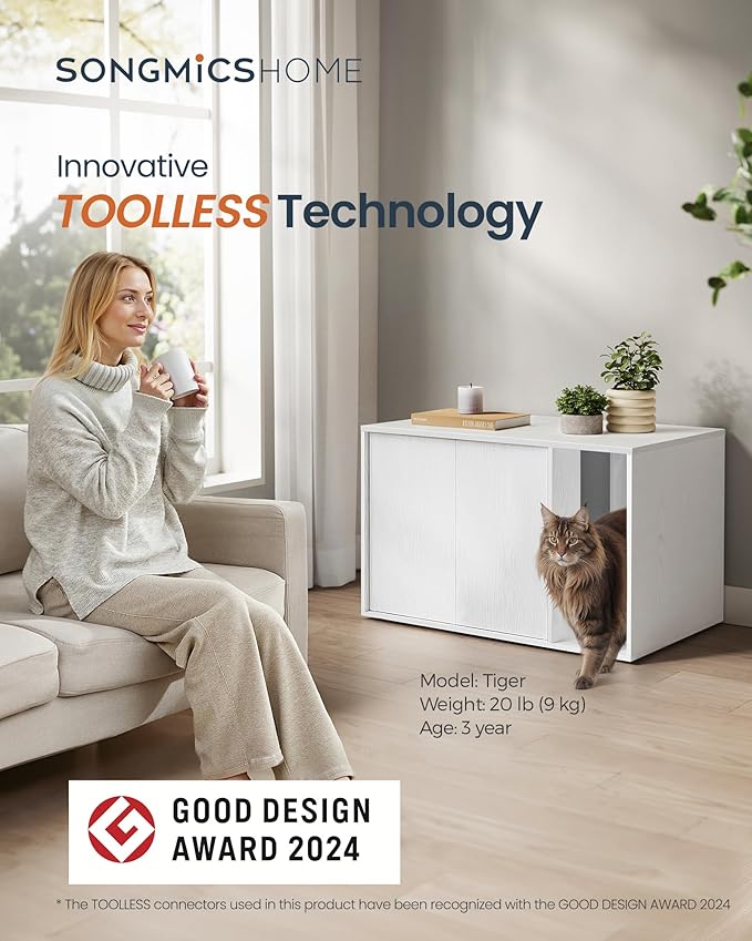 SONGMICS Home Cat Litter Box Enclosure, Superfast Toolless Assembly, Cat House for Large Cats, Display Side Table, Push-to-Open Doors, Minimalist Modern, Set of 2, Snow White UPCL013W01-2J