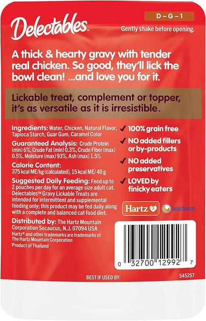 Delectables Lickable Treat Gravy Non-Seafood Wet Cat Treat with Real Chicken, Food Topper, Hydrating, Grain-Free, No Fillers, By-Products, Added Preservatives, 1.4oz Pouch, 12ct