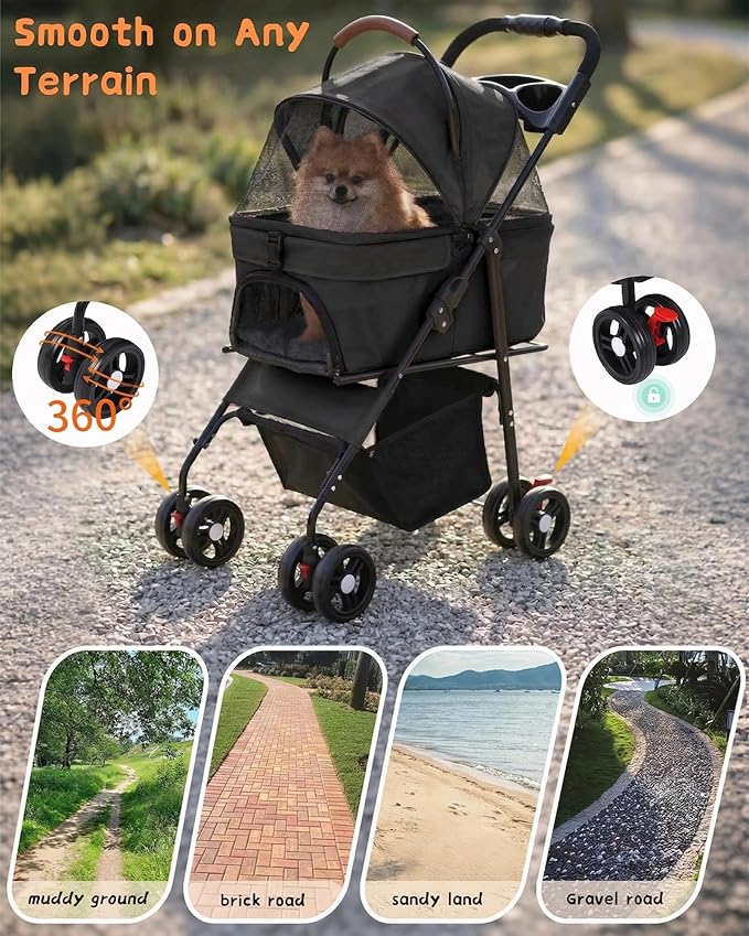 Pet Stroller with Removable Carrier, 35lbs Capacity - One-Click Foldable Dog Stroller, Cat Carrier & All-Terrain Wheels, Compact Travel Pet Stroller for Small to Medium Pets-Black