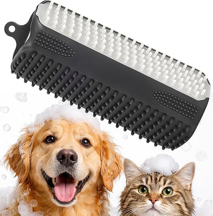 3-in-1 Triangular Dog Bath Brush for Dogs & Cats, Silicone Pet Grooming Brush with Deshedding Bristles, Massage Cones & Deep Cleaning Nubs, Black