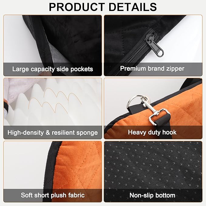 Dog Car Seat for Small/Medium Dogs,Pet Dog Booster Car Seat Puppy 15-35 lbs with Soft 4+2in Detachable Pads Detachable Elevated Cushion and Washable Cover Brown
