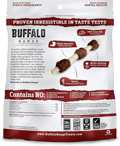 Buffalo Range Rawhide Jerky Kabobs, Jerky Dog Treat, Grass-Fed Buffalo Rawhide Chews, Healthy Dog Treat, Meat Kabob, Puppy Chews, No Added Fillers or Dyes, Hickory Smoked Flavor, 18 Count