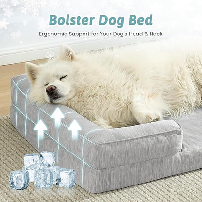 COZY KISS Cooling Dog Bed for Extra Large Dogs 44x32 inch, Q-Max >0.4 Summer Cool Orthopedic Foam Pet Sofa Bed with Sides, XL Size Bolster Anti-Slip Couch with Washable Removable Cover, Grey