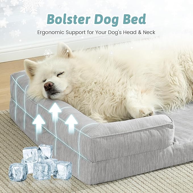 COZY KISS Cooling Dog Bed for Extra Large Dogs, Q-Max >0.4 Summer Cool Orthopedic Foam Pet Sofa Bed with Sides, Bolster Anti-Slip Couch with Washable Removable Cover, XXL 48x35x7.5 inch, Grey