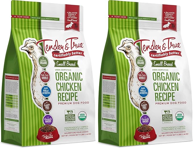 Two packages of Tender & True organic chicken recipe dog food on a white background