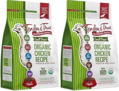 Two packages of Tender & True organic chicken recipe dog food on a white background