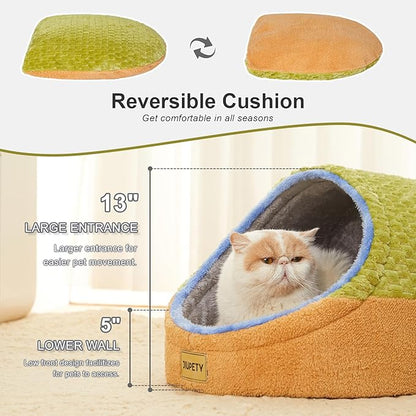 Jiupety Cute Cat Beds for Indoor Cats, Cave Bed for Kittens, Hideaway Cat House & Tent with Anti-Slip Bottom, Washable Removable Cushion, M(16"x16"x13"), Green