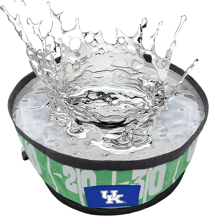 Pets First NCAA Kentucky Wildcats Collapsible Dog Travel Bowl, Food and Water Bowl for Dogs & Cats. Lightweight Leak-Proof Pet Bowl for Travel with Football Field & Pebble-Grain Design