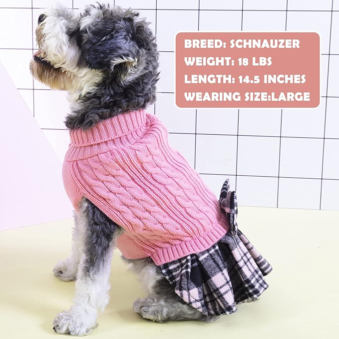 KYEESE Dog Sweater Soft Turtleneck Pet Sweater Dress Stretchy Cat Sweaters Thick Dogs Clothes with Bowtie Warm Pullover Pet Coats Comfy Knitwear Dog Sweaters for Small Dogs Girl, Pink, Large