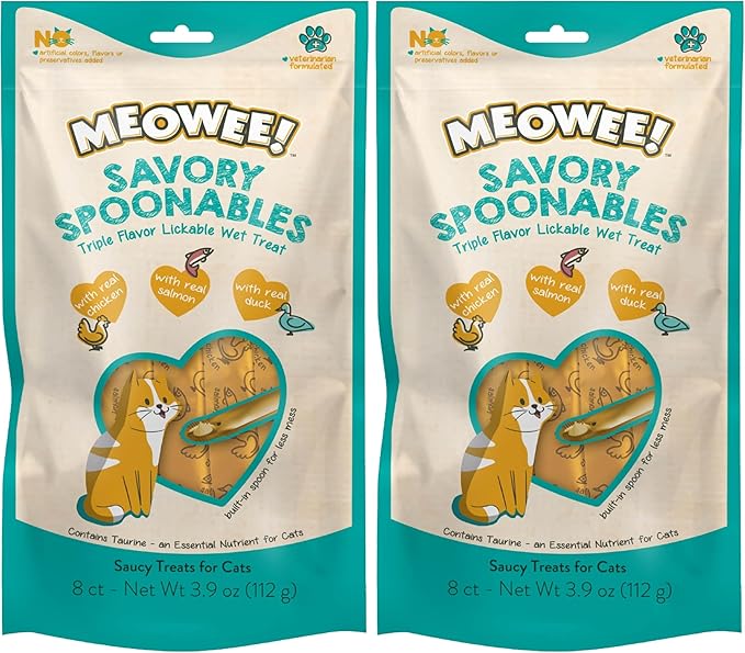 MEOWEE! Savory Spoonables with Real Chicken, Salmon and Duck for Cats, 8 Count, Treat Your Cat to Triple Flavor Squeezable Lickable Wet Treats with Built-in Spoon for Less Mess (Pack of 2)